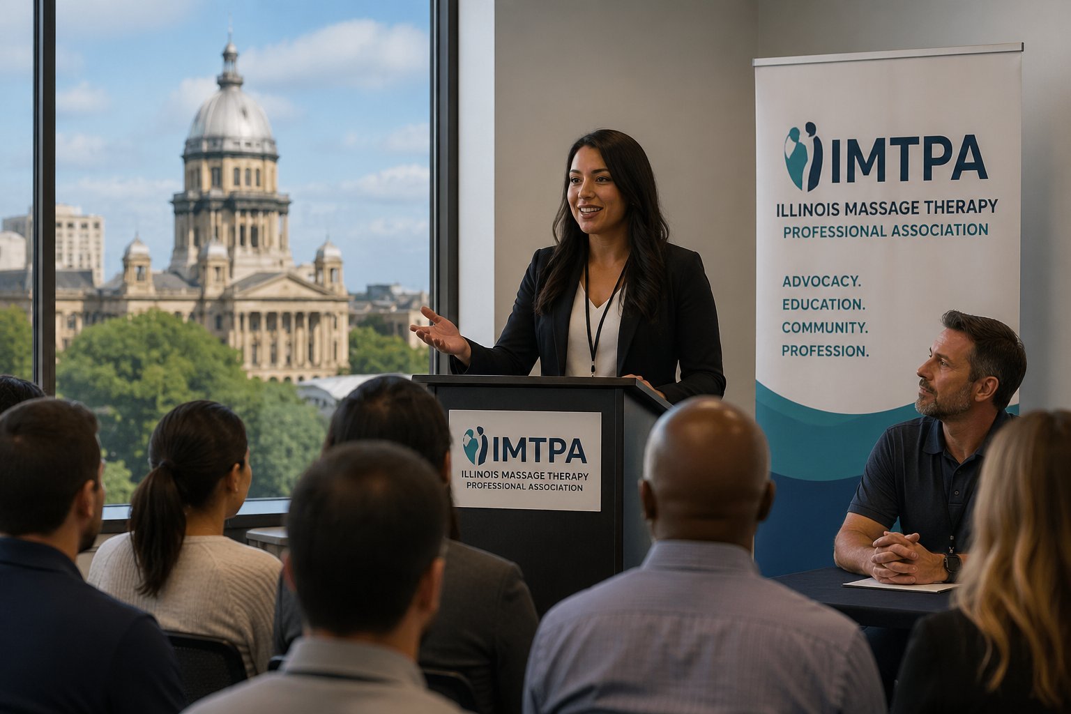 IMTPA professional speaking at event with Illinois Capitol in background